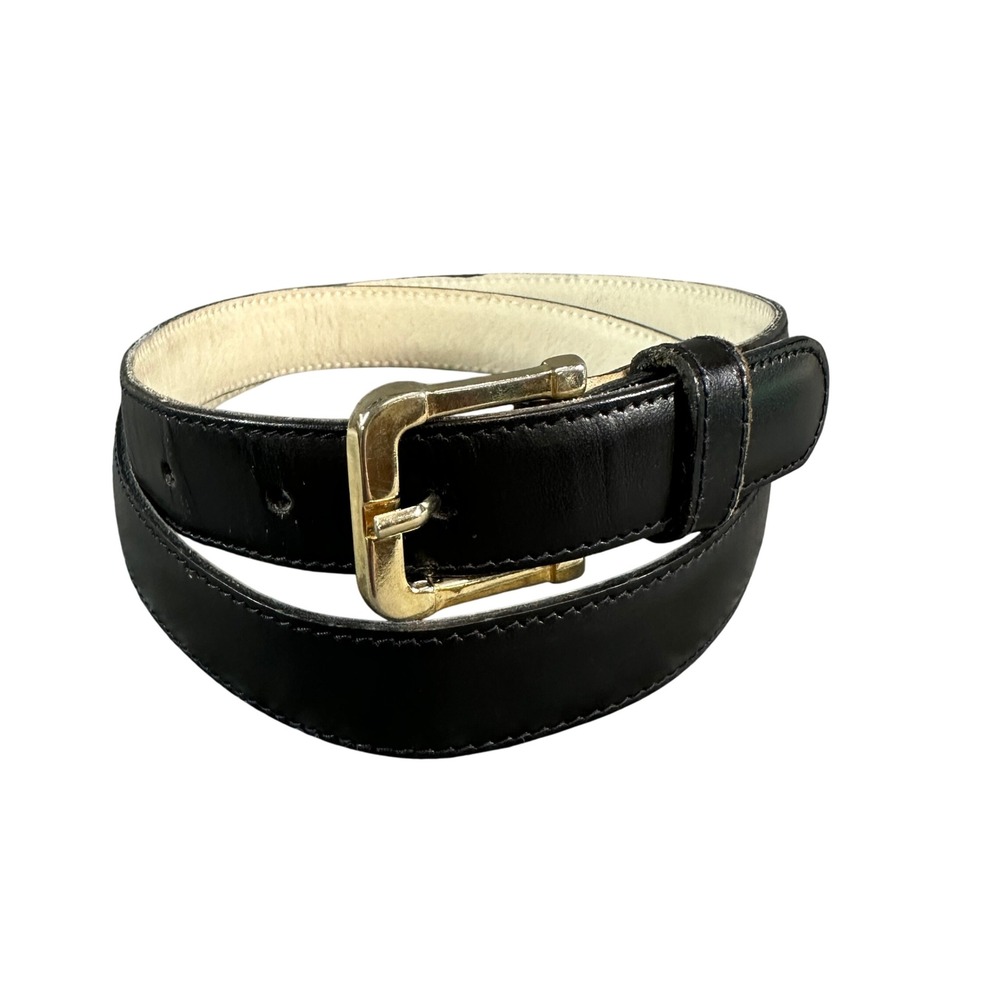 Vintage Calderon Black Leather Belt Gold Buckle Made in USA 2005X Size M